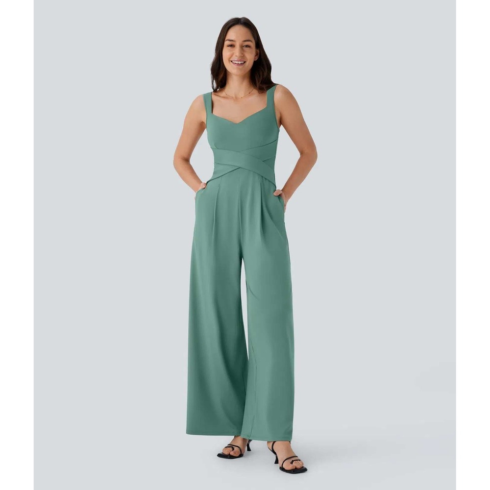 Halara U Back Jumpsuit Women XS Teal Sleeveless Wide Leg Athleisure Casual NWT